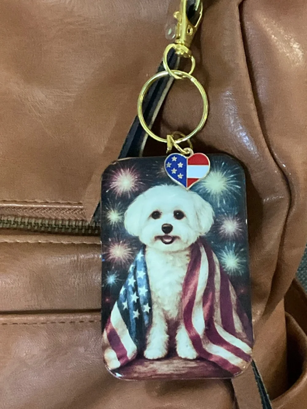 Bichon Frise Patriotic American Flag dog keyring / purse charm handmade by Sally